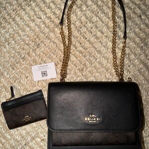Coach Black and Brown Shoulder Bag with Gold Chain & matching card holder
